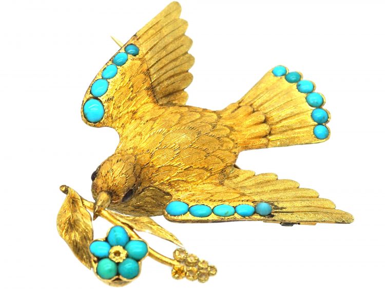 Regency 15ct Two Colour Gold Dove Brooch set with Turquoise