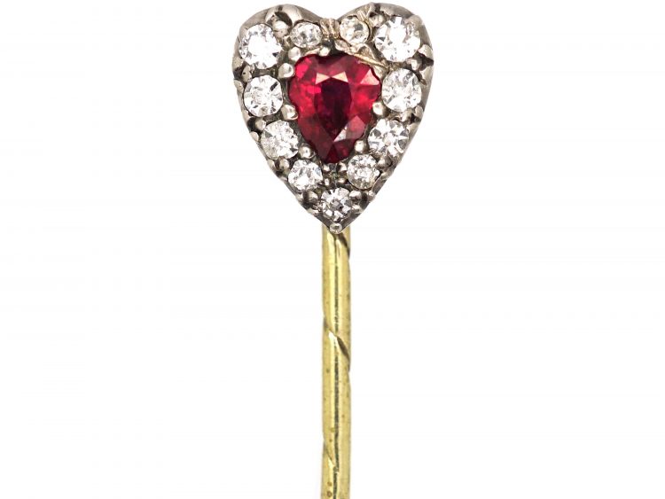 Edwardian Heart Shaped Tie Pin set with a Ruby & Diamonds