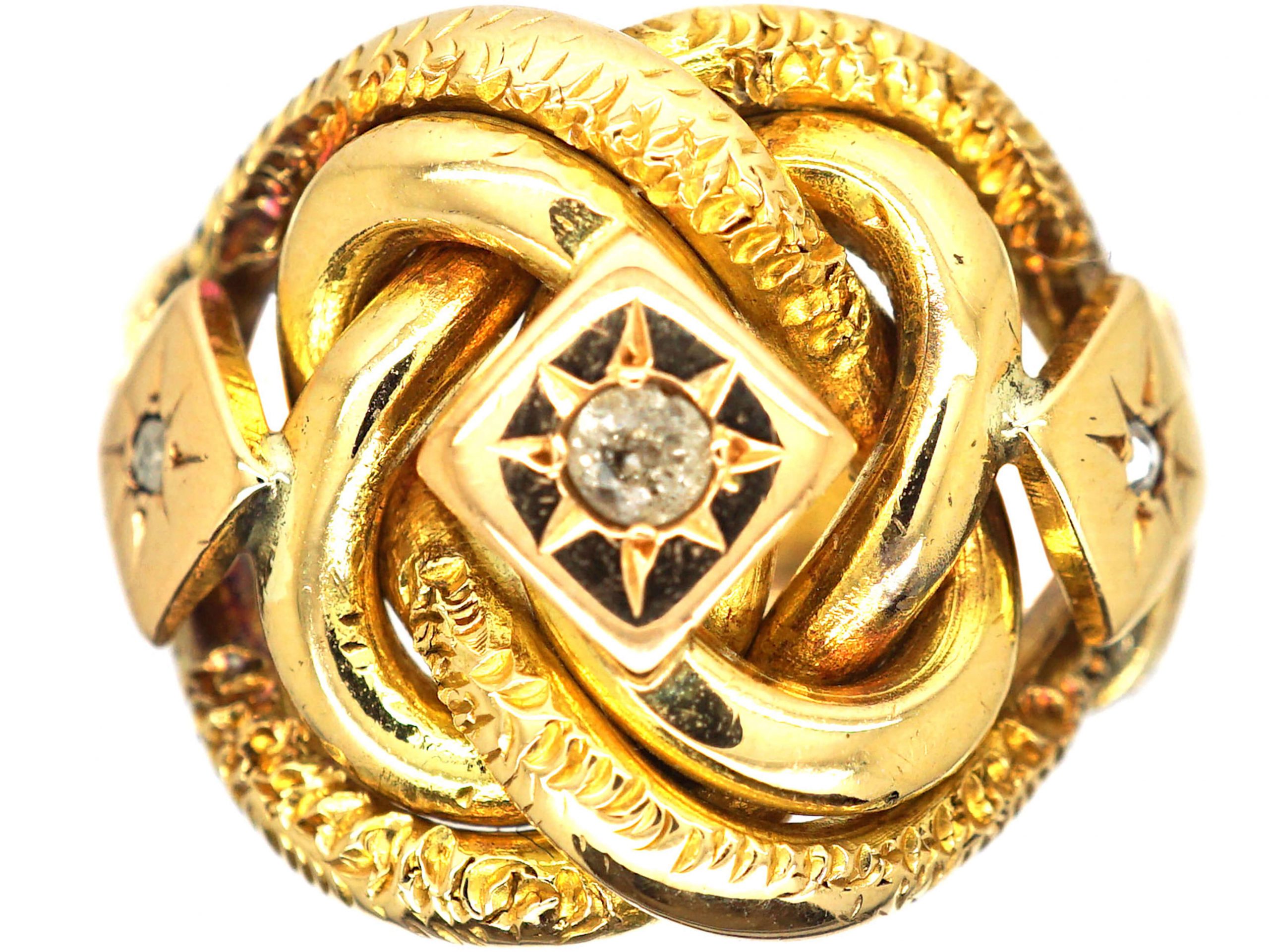 Victorian Large 18ct Gold Knot Ring set with Three Diamonds (599S