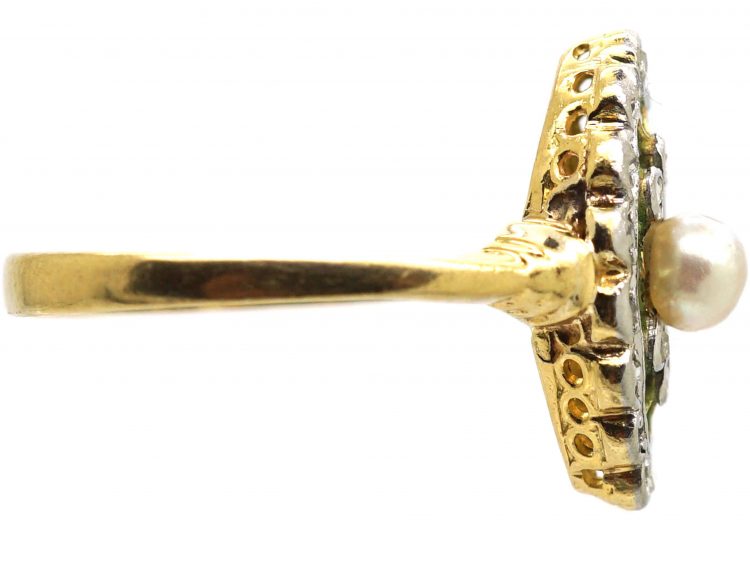 Early 20th Century 18ct Gold & Platinum, Plique A Jour, Diamond & Natural Split Pearl Ring