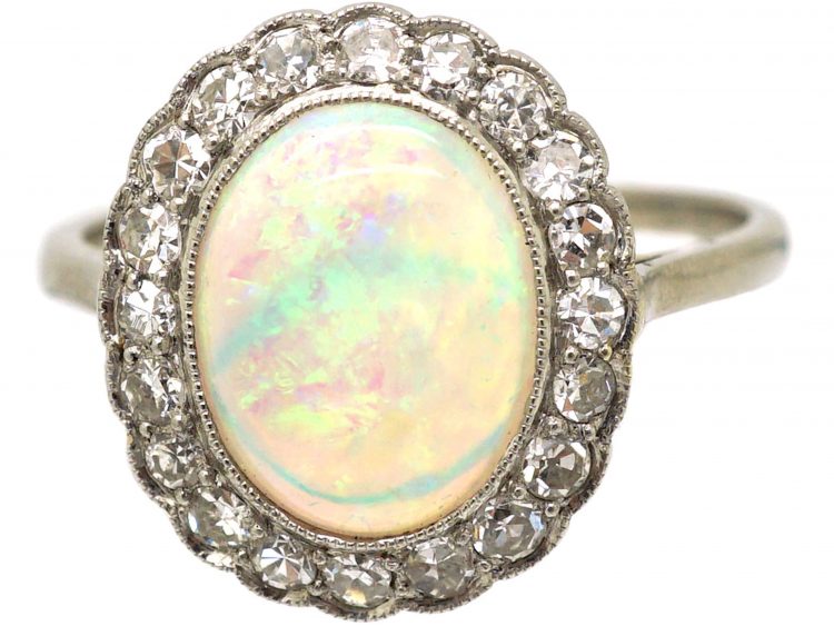 Edwardian 18ct Gold, Opal & Diamond Cluster Ring