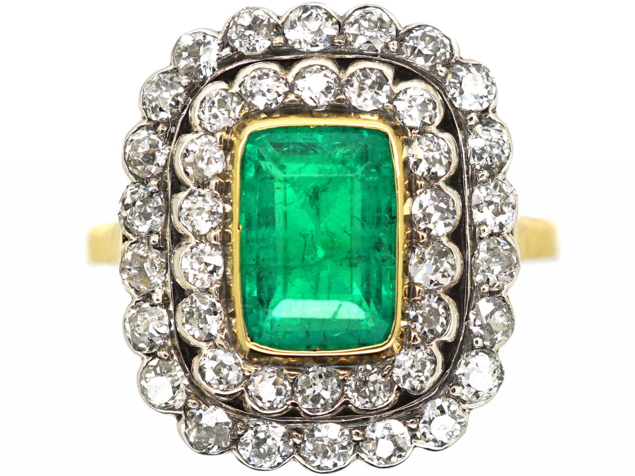 Art Deco 18ct White & Yellow Gold Large Emerald & Diamond Cluster Ring