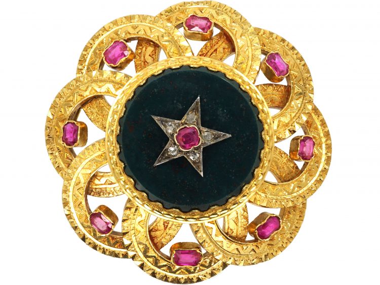 Victorian 18ct Gold, Ruby, Bloodstone & Rose Diamond Brooch in Original Case
