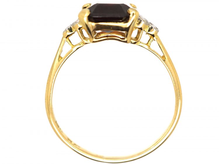 Art Deco 18ct Gold & Platinum, Rectangular Garnet Ring with Diamond Set Shoulders