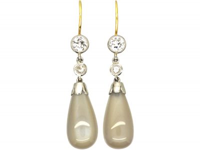 Edwardian 15ct Gold & Platinum, Moonstone & Diamond Drop Earrings