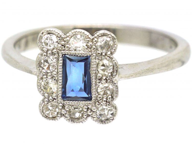 Art Deco 18ct White Gold, French Cut Sapphire & Diamond Rectangular Ring