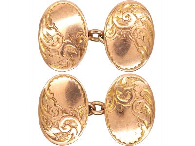 Edwardian 9ct Gold Cufflinks with Engraved Leaf Motif