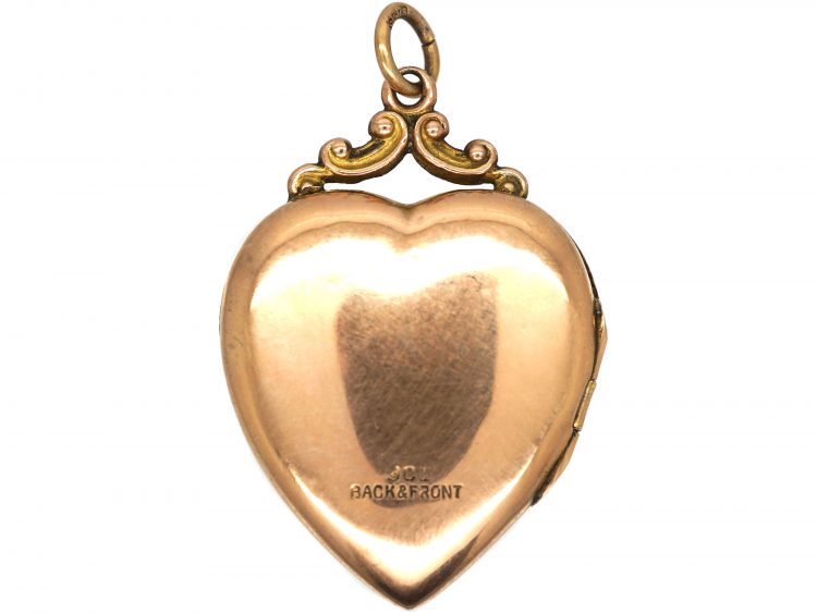 Edwardian 9ct Back & Front Heart Shaped Locket with Flower Motif set with Paste