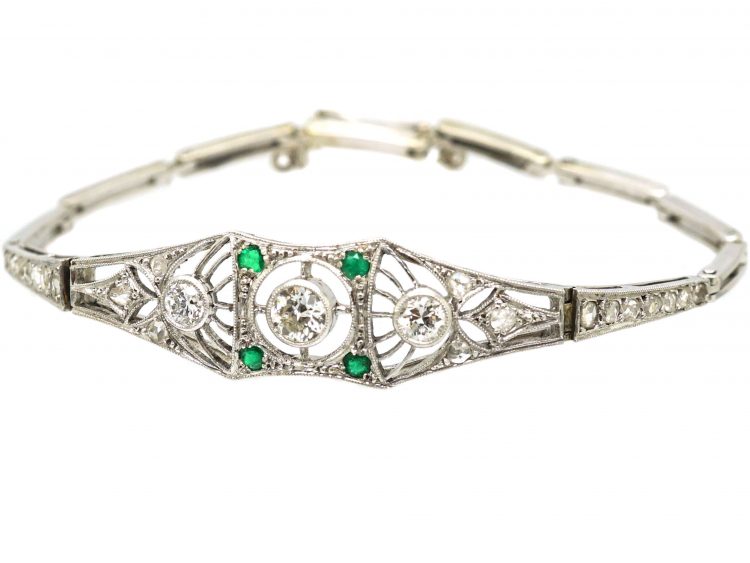 Art Deco 18ct White Gold & Platinum, Diamond & Emerald Bracelet
