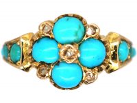 Victorian 15ct Gold Forget Me Not Ring set with Turquoise & Rose Diamonds