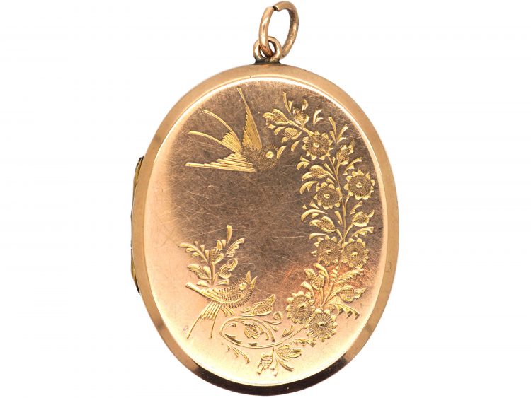 Edwardian 9ct Back & Front Oval Locket with Swallow & Rose Branch Motif