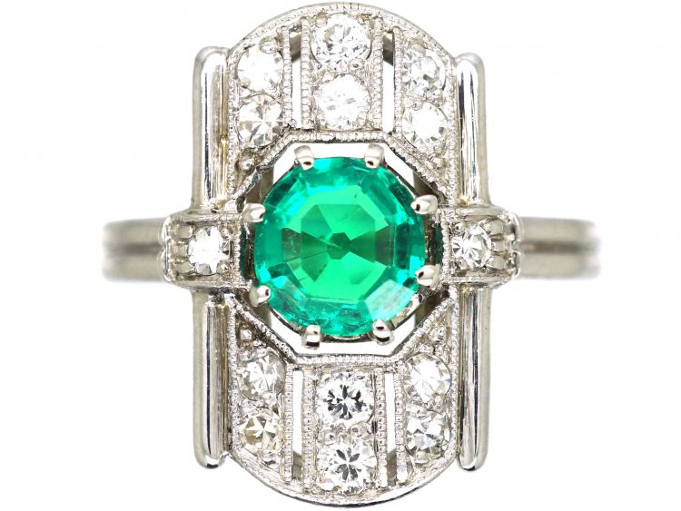 Art Deco 14ct White Gold, Emerald & Diamond Rectangular Ring