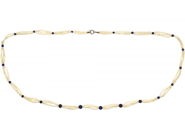 Edwardian Seed Pearl & Lapis Bead Necklace with 18ct White Gold Clasp