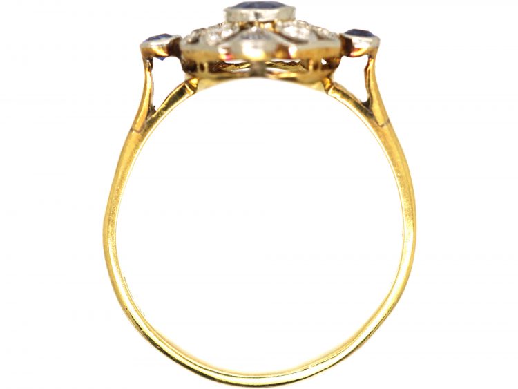 Edwardian 18ct Gold & Platinum, Sapphire & Diamond Ring with Diamond Shaped Design