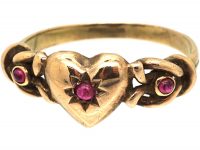 Early 20th Century 8ct Gold Ring with Heart & Knot Motif set with Cabochon Rubies