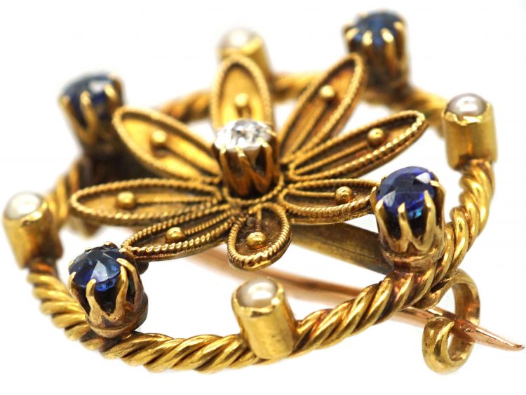 Edwardian 15ct Gold Flower Brooch set with Sapphires, Natural Split Pearls & a Diamond in Original Case