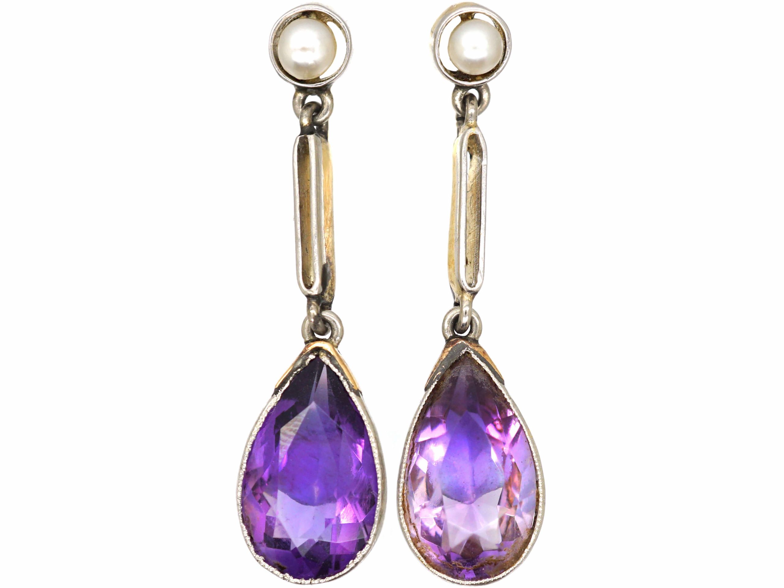 Art Deco 15ct Gold & Platinum, Amethyst & Natural Pearl Drop Earrings ...