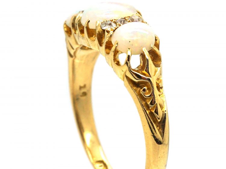 Edwardian 18ct Gold, Three Stone Opal & Diamond Ring by Deakin & Francis