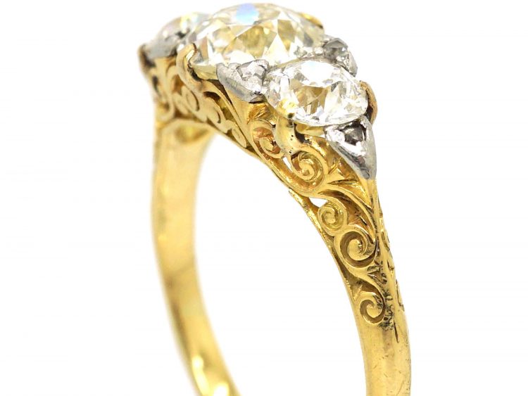 Victorian 18ct Gold, Three Stone Diamond Carved Half Hoop Ring