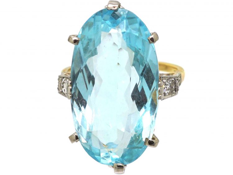 Art Deco 14ct Gold & Platinum, Large Oval Cut Aquamarine Ring with Diamond Set Shoulders