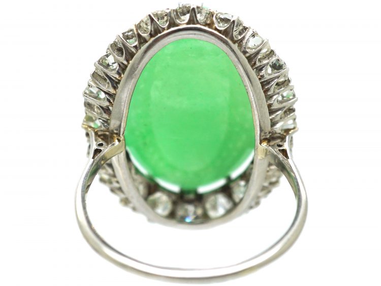 Art Deco Large Platinum, Cabochon Jade & Diamond Oval Cluster Ring