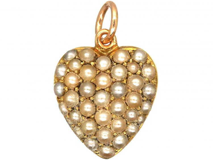 Edwardian 15ct Gold Pave Set Natural Split Pearl Heart Shaped Pendant