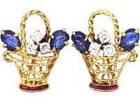 Retro 18ct Gold Giardinetti Earrings set with Carved Sapphires, Diamonds & Rubies