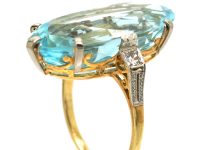 Art Deco 14ct Gold & Platinum, Large Oval Cut Aquamarine Ring with Diamond Set Shoulders