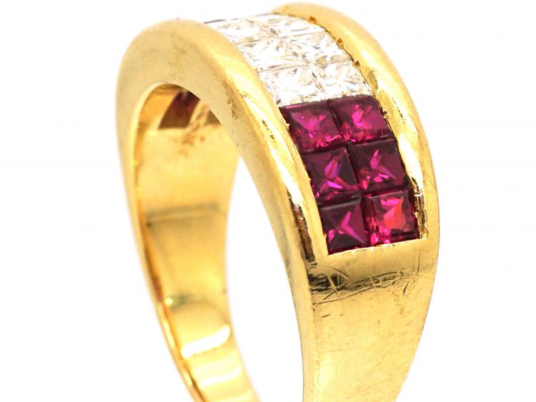 18ct Gold, Square Cut Ruby & Square Cut Diamond Ring