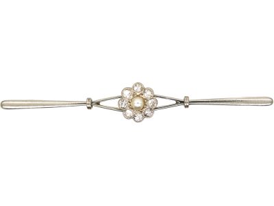 Edwardian 15ct Gold & Platinum, Diamond & Pearl Daisy Cluster Bar Brooch