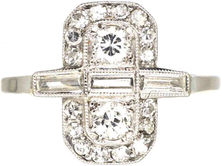 Art Deco Rectangular Shaped Ring with Round & Baguette Diamonds