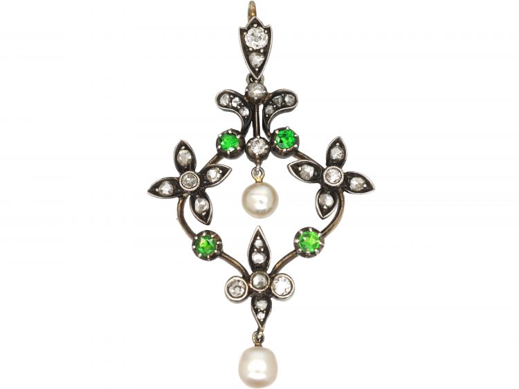 Edwardian Green Garnet, Diamond & Natural Pearl Pendant