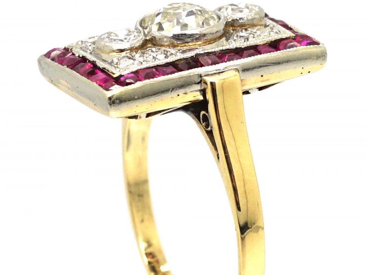 Art Deco 18ct Gold & Platinum, Diamond & Calibre Ruby Rectangular Shaped Ring