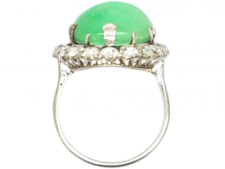 Art Deco Large Platinum, Cabochon Jade & Diamond Oval Cluster Ring