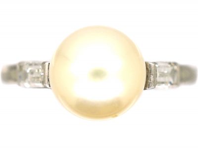 Art Deco 18ct White Gold , Cultured Pearl Ring with Baguette Diamond Shoulders
