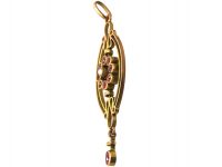Edwardian 9ct Gold Pendant set with a Circle of Rubies, Natural Split Pearl & a Ruby Drop