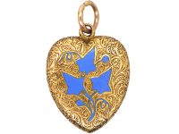 Regency 15ct Gold Heart Shaped Locket with Ivy Leaf Motif in Blue Enamel