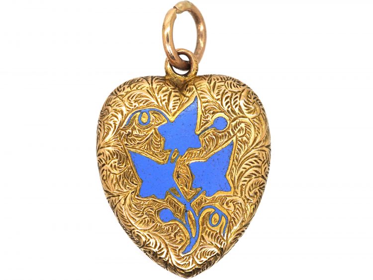 Regency 15ct Gold Heart Shaped Locket with Ivy Leaf Motif in Blue Enamel