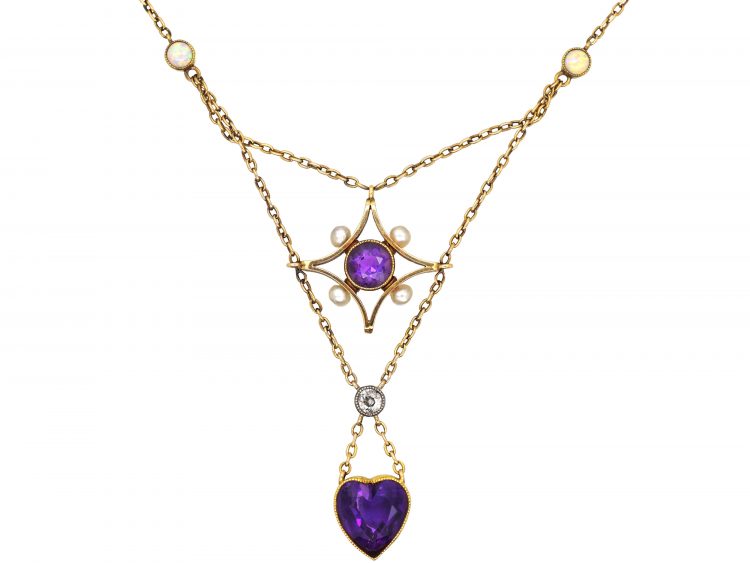 Edwardian 15ct Gold, Amethyst & Opal Pendant with Heart & Star Motif