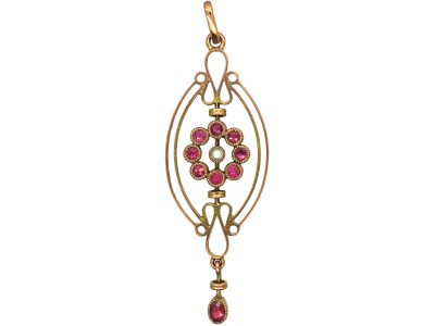 Edwardian 9ct Gold Pendant set with a Circle of Rubies, Natural Split Pearl & a Ruby Drop