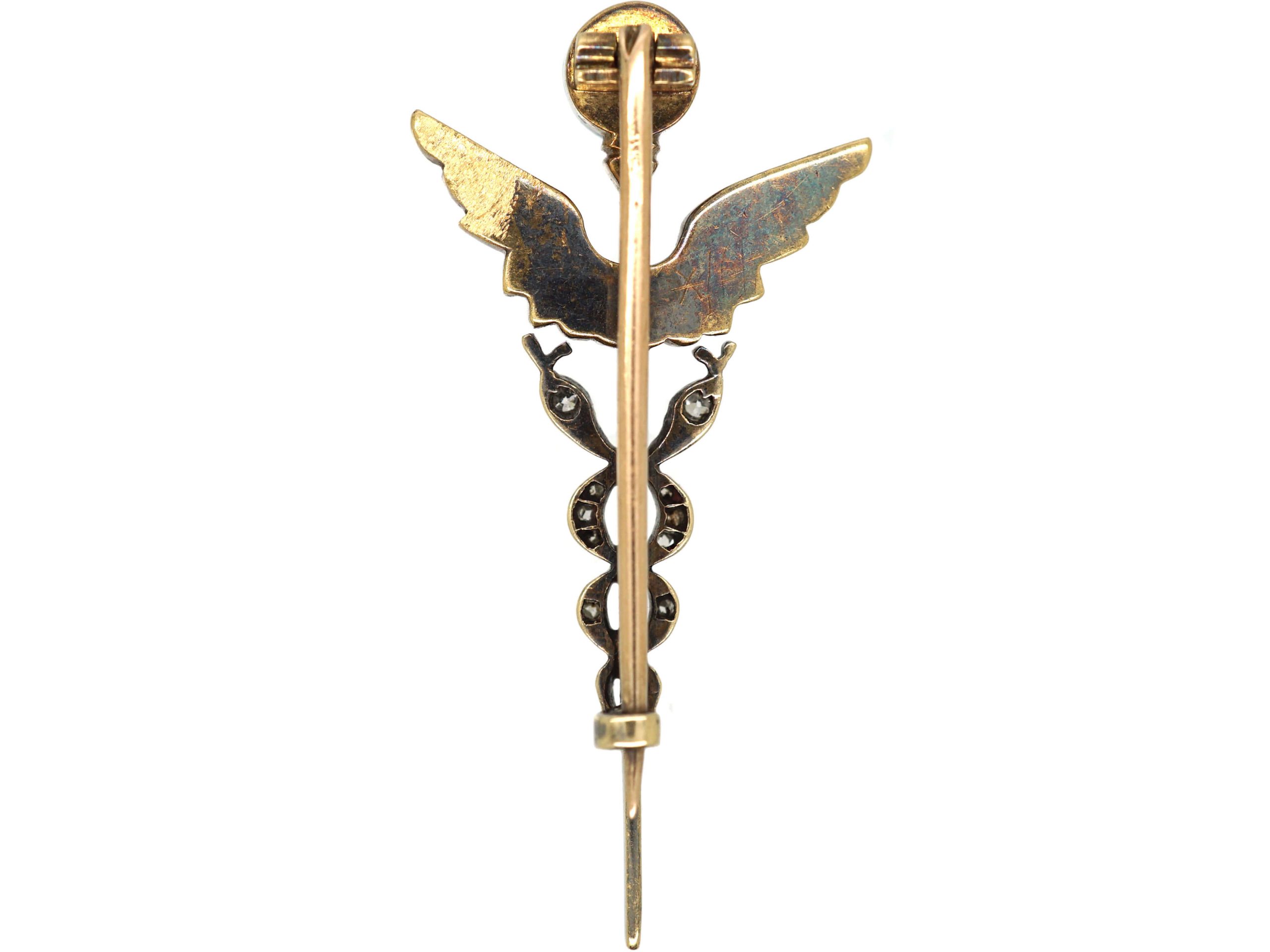 Edwardian 15ct Gold & Silver Caduceus Brooch set with Rose Diamonds ...