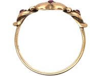 Early 20th Century 8ct Gold Ring with Heart & Knot Motif set with Cabochon Rubies