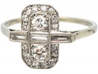 Art Deco Rectangular Shaped Ring with Round & Baguette Diamonds