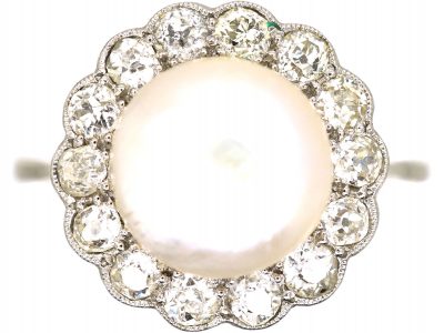 Art Deco Platinum, Natural Pearl & Diamond Cluster Ring