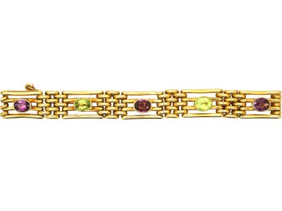 Edwardian 15ct Gold Gate Bracelet set with Peridots & Amethysts