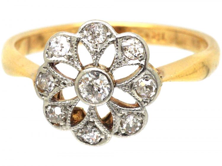 Art Deco 18ct Gold & Platinum Open Work Diamond Cluster Ring