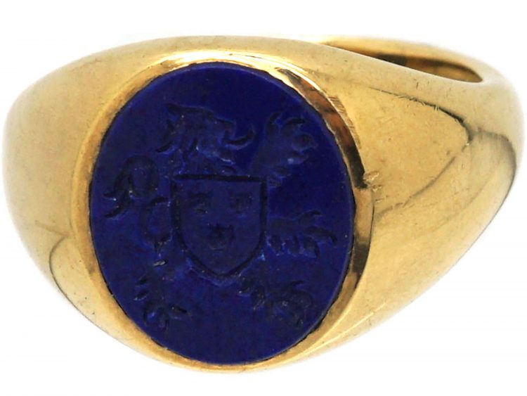 Mid 20th Century 9ct Gold & Lapis Signet Ring with Intaglio of a Lion