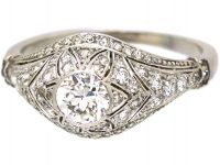 Art Deco 18ct White Gold Ring set with a Half Carat Diamond with ornate Small Diamond set Detail