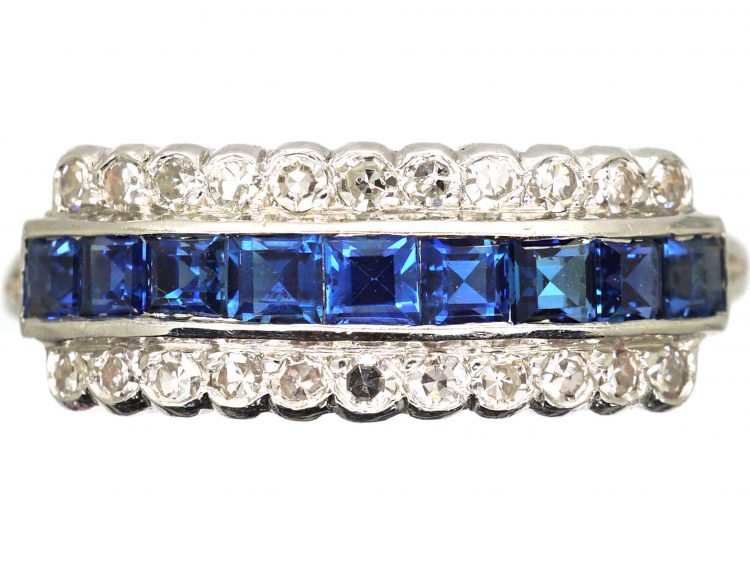 Art Deco Platinum, Sapphire & Diamond Three Row Ring