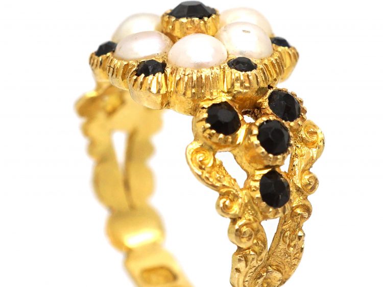 Regency 18ct Gold, Natural Split Pearl & Vauxhall Glass Cluster Ring
